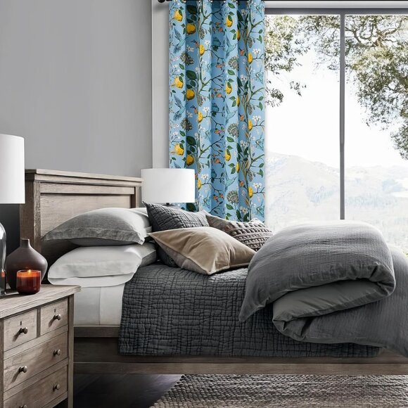 Floral Lemon Hummingbird Curtains Patterned Waverly Mid-Century Style - Picture 9 of 10